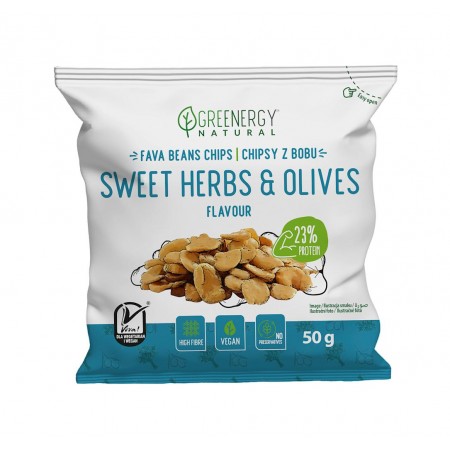 CHIPSY PROTEINOWE Z BOBU O SMAKU SŁODKICH ZIÓŁ I OLIWEK 50 g - GREENERGY