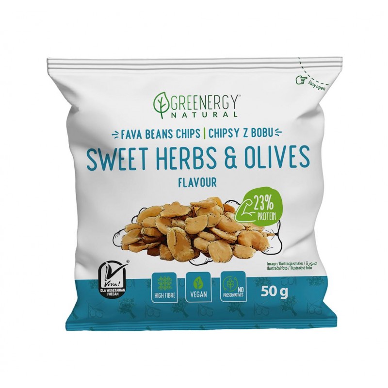 CHIPSY PROTEINOWE Z BOBU O SMAKU SŁODKICH ZIÓŁ I OLIWEK 50 g - GREENERGY