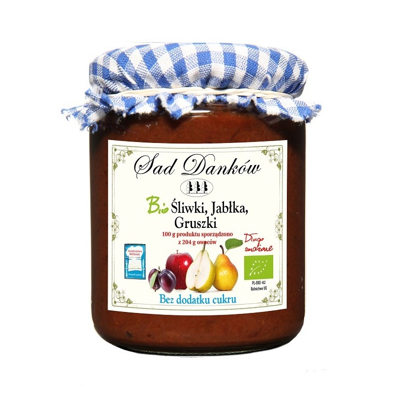 ŚLIWKA - JABŁKO - GRUSZKA BEZ DODATKU CUKRU BIO 270 g - SAD DANKÓW