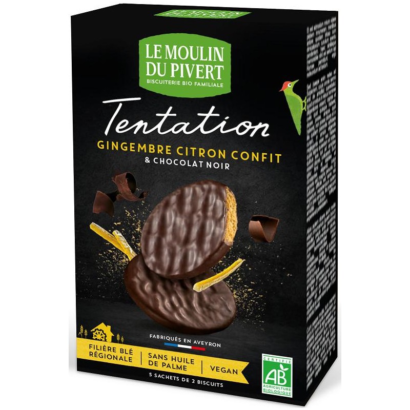 CIASTKA IMBIROWO - CYTRYNOWE W GORZKIEJ CZEKOLADZIE BIO 130 g - LE MOULIN DU PIVERT