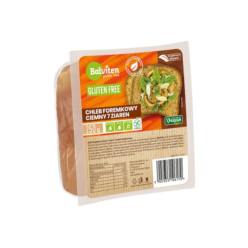 CHLEB FOREMKOWY CIEMNY 7 ZIAREN KROJONY BEZGLUTENOWY 250 g - BALVITEN