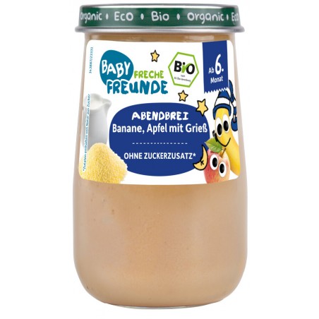 MUS MLECZNY BANAN - SEMOLINA - JABŁKO BEZ DODATKU CUKRÓW OD 6 MIESIĄCA BIO 190 g - FRECHE FREUNDE
