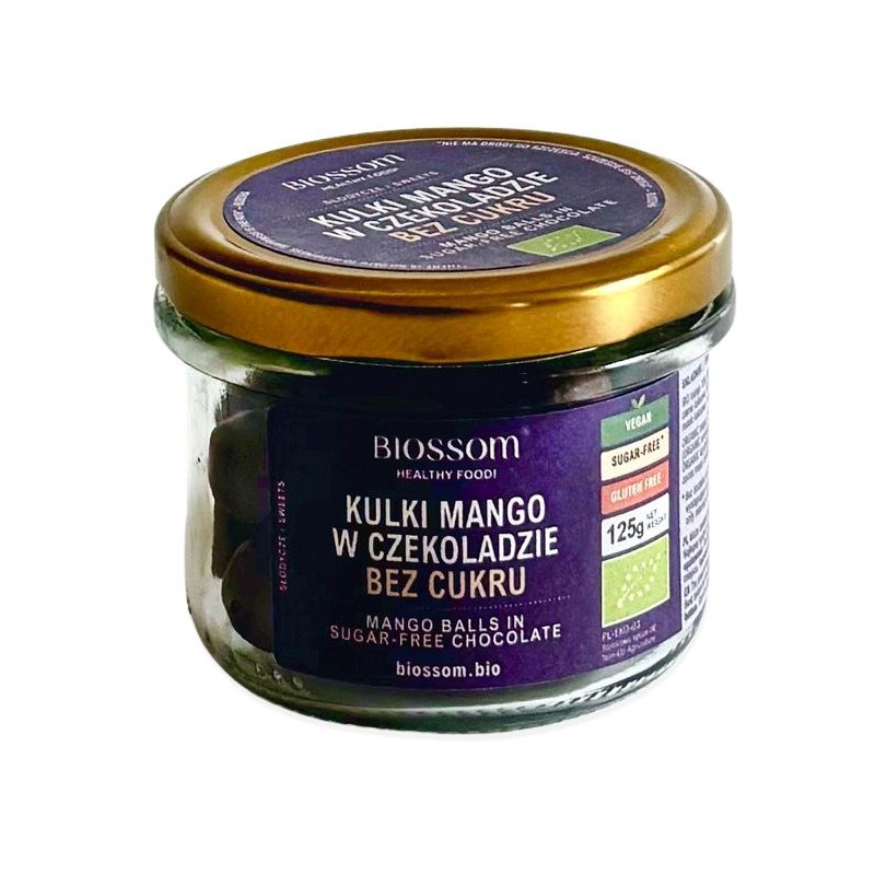 KULKI MANGO W CZEKOLADZIE BEZ DODATKU CUKRÓW BEZGLUTENOWE BIO 125 g - BIOSSOM