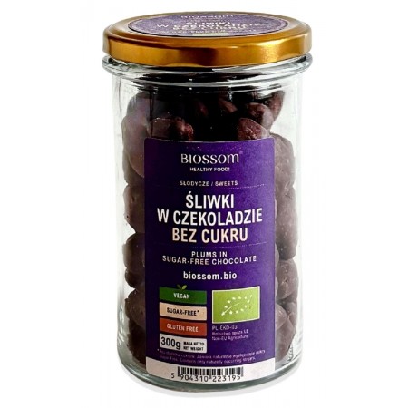 ŚLIWKI KALIFORNIJSKIE W CZEKOLADZIE BEZ DODATKU CUKRÓW BEZGLUTENOWE BIO 300 g - BIOSSOM