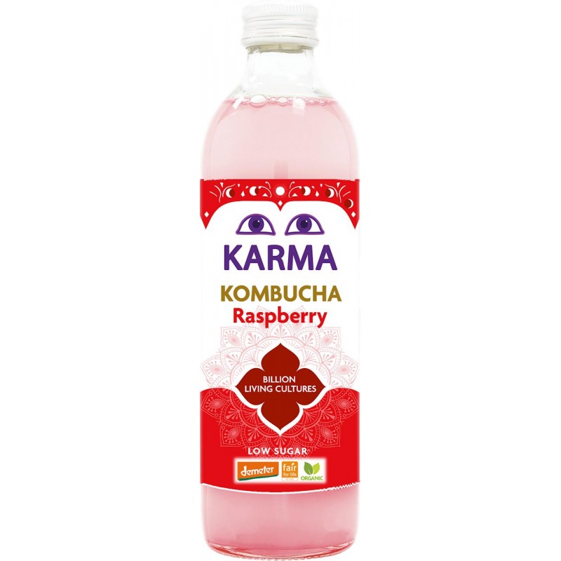 KOMBUCHA O SMAKU MALINOWYM NISKA ZAWARTOŚĆ CUKRÓW FAIR FOR LIFE DEMETER BIO 500 ml - KARMA KOMBUCHA