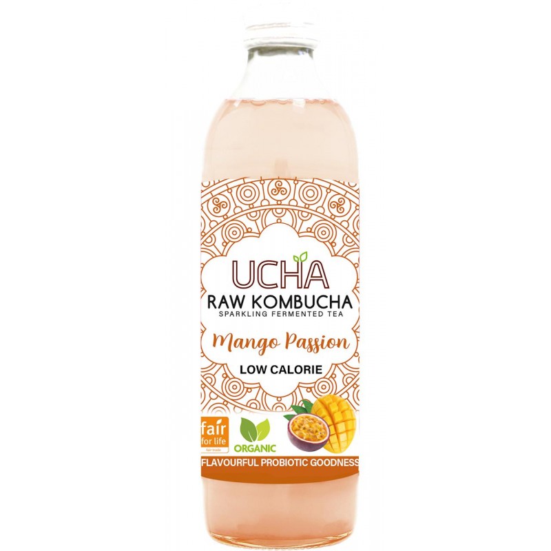 KOMBUCHA Z MANGO I MARAKUJĄ NISKA ZAWARTOŚĆ CUKRÓW FAIR FOR LIFE BIO 350 ml - UCHA