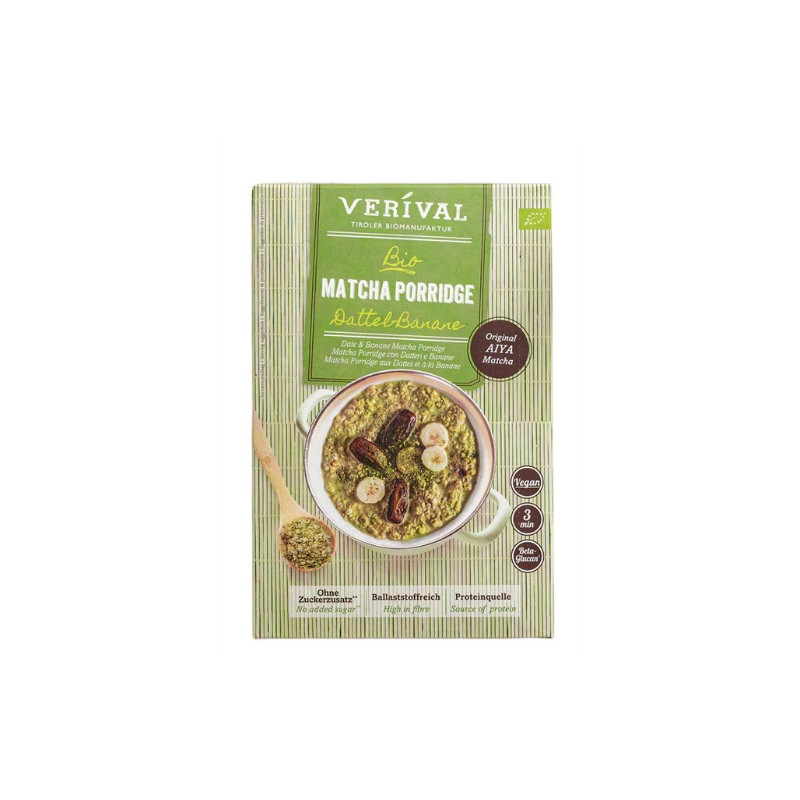 OWSIANKA BŁONNIKOWA Z DAKTYLAMI, BANANEM I MATCHĄ BEZ DODATKU CUKRÓW BIO 350 g - VERIVAL