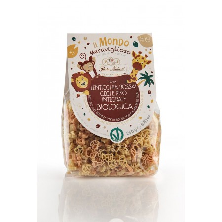 MAKARON PROTEINOWY (SOCZEWICA CZERWONA - CIECIERZYCA - RYŻ BRĄZOWY) DLA DZIECI SAWANNA BEZGLUTENOWY BIO 250 g - PASTA NATURA