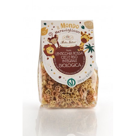 MAKARON PROTEINOWY (SOCZEWICA CZERWONA - CIECIERZYCA - RYŻ BRĄZOWY) DLA DZIECI SAWANNA BEZGLUTENOWY BIO 250 g - PASTA NATURA