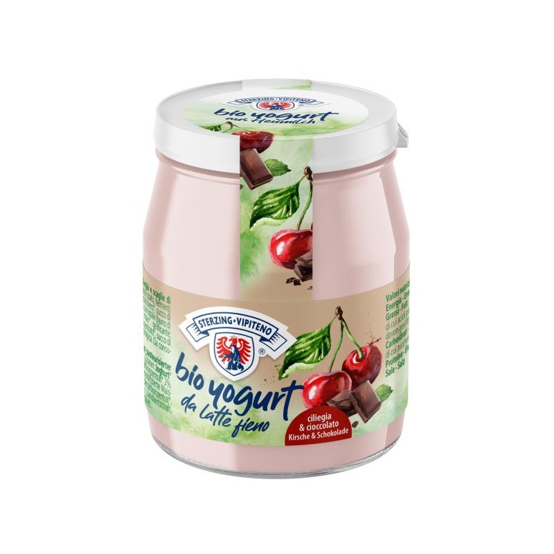 JOGURT WIŚNIOWY Z KAWAŁKAMI CZEKOLADY Z MLEKA SIENNEGO BEZGLUTENOWY BIO 150 g (SŁOIK) - STERZING-VIPITENO