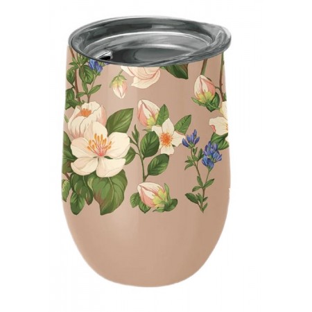 KUBEK TERMICZNY Z POKRYWKĄ BEŻOWY W KWIATY 420 ml - CHIC-MIC