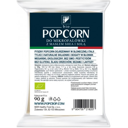 POPCORN Z ŻÓŁTEJ KUKURYDZY Z SHEA I SOLĄ DO PRZYGOTOWANIA W MIKROFALÓWCE BEZGLUTENOWY BIO 90 g - POPCROP