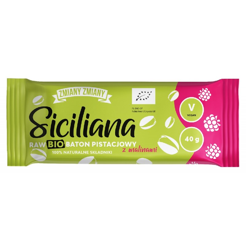 BATON PISTACJOWY Z MALINAMI SICILIANA RAW BEZGLUTENOWY BIO 40 g - ZMIANY ZMIANY