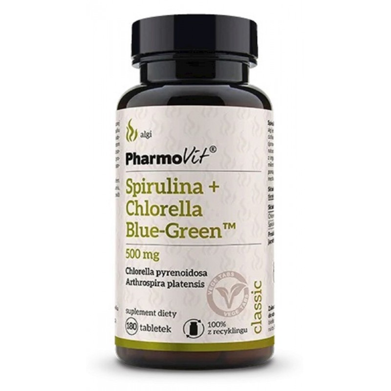 SPIRULINA + CHLORELLA BLUE-GREEN (500 mg) BEZGLUTENOWA 180 TABLETEK - PHARMOVIT (CLASSIC)