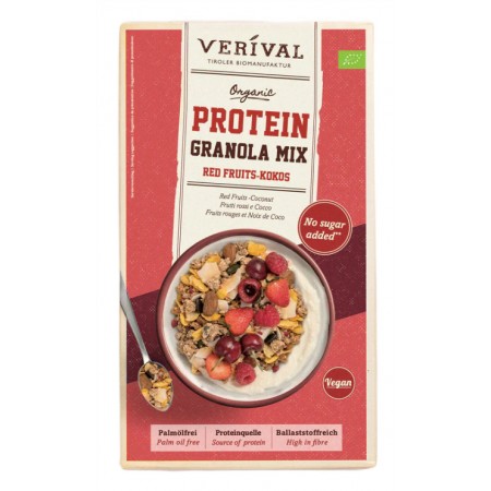 GRANOLA PROTEINOWA Z OWOCAMI CZERWONYMI I KOKOSEM BEZ DODATKU CUKRÓW BIO 300 g - VERIVAL