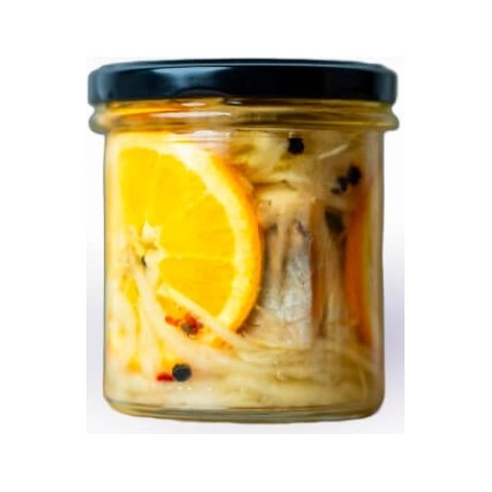 Śledź z pomarańczą i kolorowym pieprzem w marynacie cytrynowo- miodowej słoik 250g